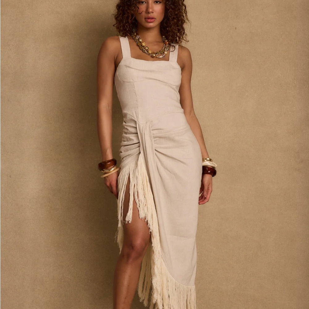 12th Tribe Beige Asymmetrical Dress with Fringe